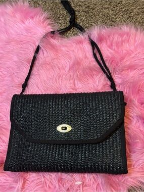 Black Woven Straw Shoulder Bag Gold Turn Lock Gingham Lining Y2K Purse